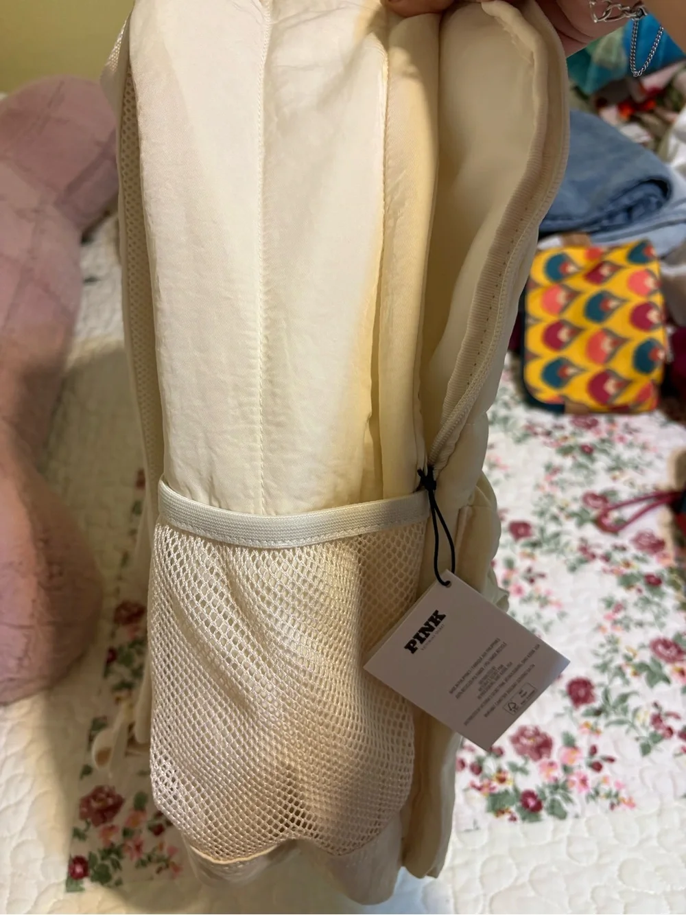 PINK Victoria's Secret Cream Quilted Backpack with Stripe Detail